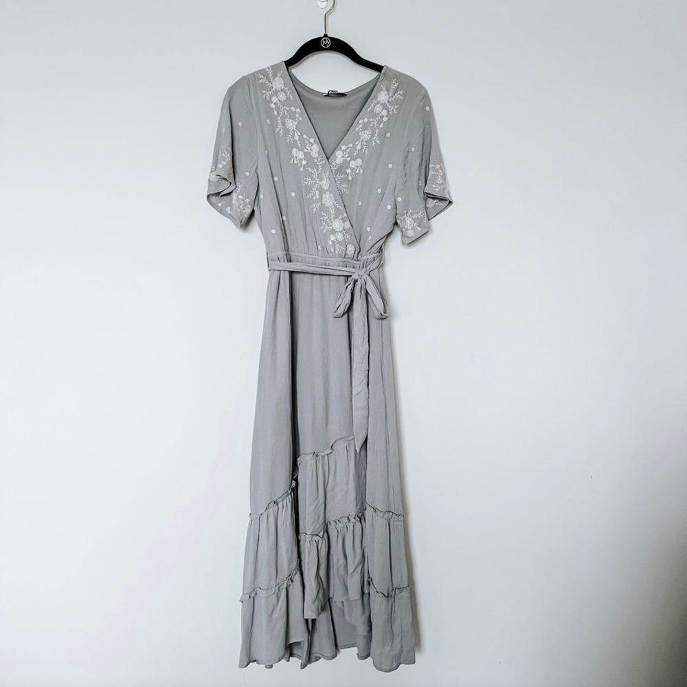 Grey Embroidered Wrap Maternity/Nursing Midi Dress